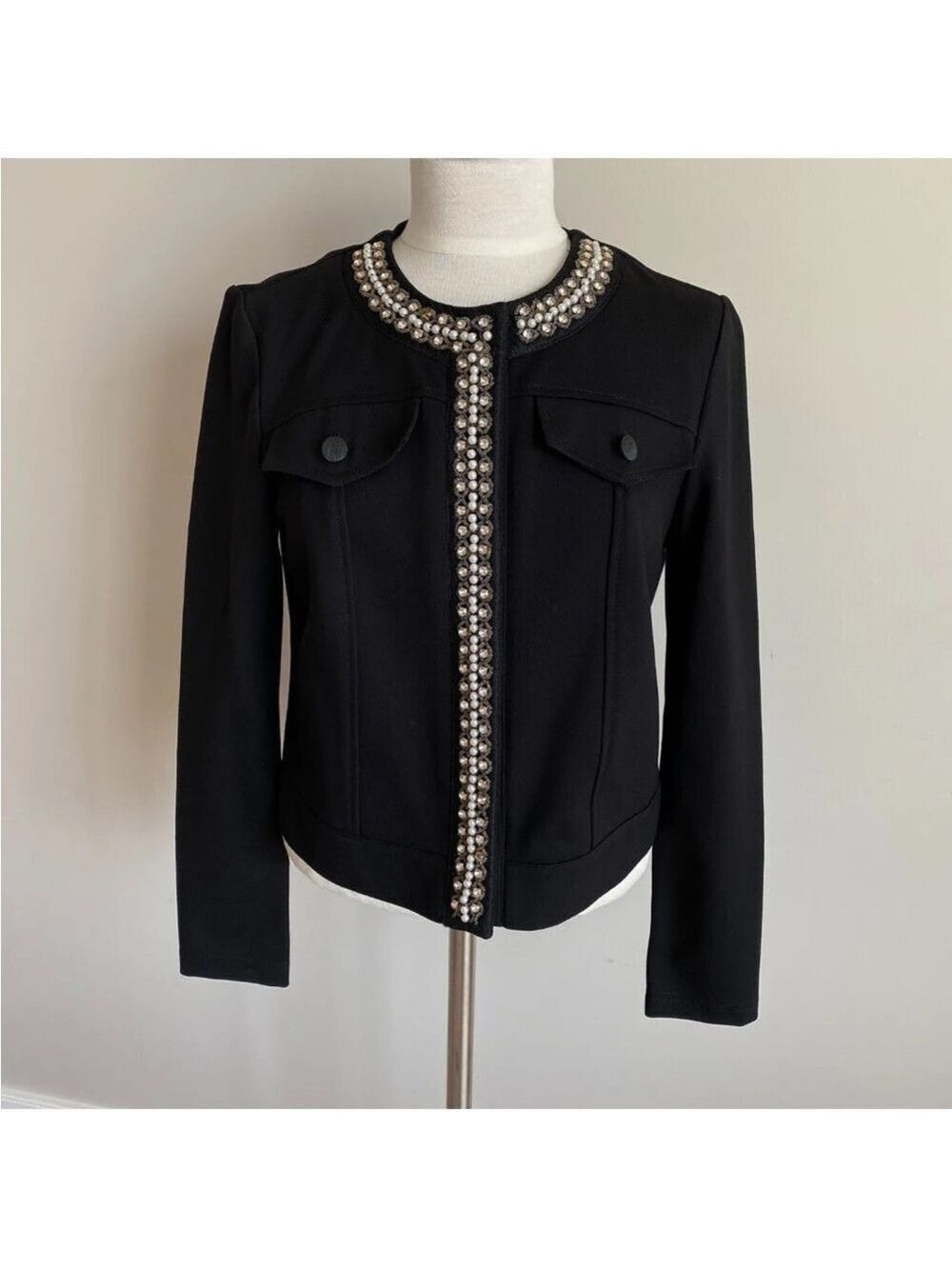 Joseph Ribkoff Black Embellished Snap Jacket 8 Faux Pockets Bling!